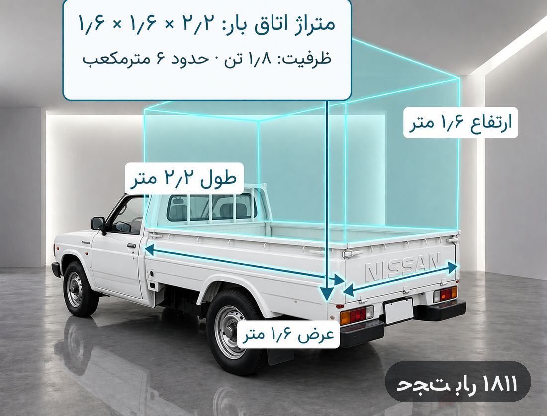 نیسان وانت حجت بار — طول اتاق بار ۲٫۲ متر، عرض ۱٫۶ متر، ارتفاع ۱٫۶ متر